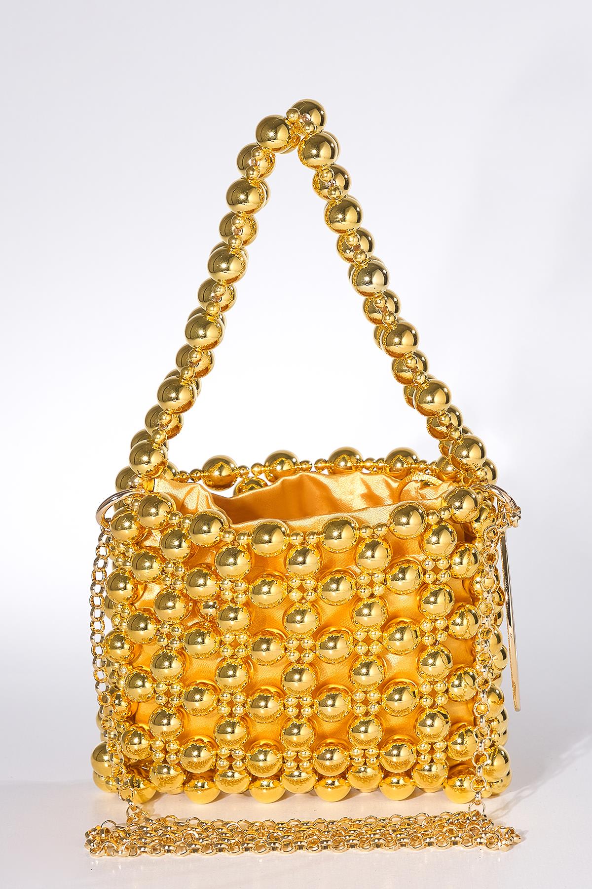 Metalik İncili Mini Tasarım Şık Abiye Çanta