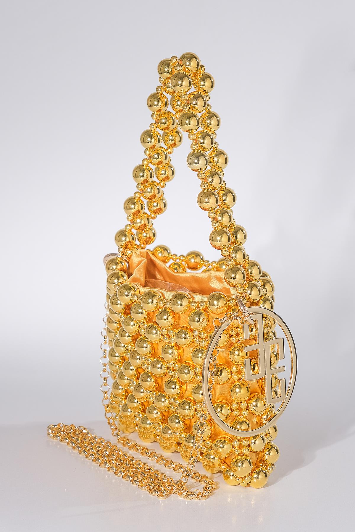 Metalik İncili Mini Tasarım Şık Abiye Çanta