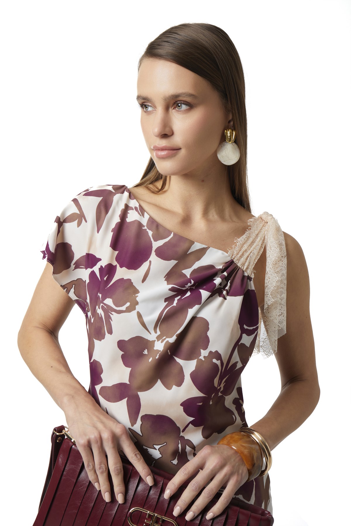Parlak Dokulu Dantel Garnili  Asimetrik Kollu Midi Elbise