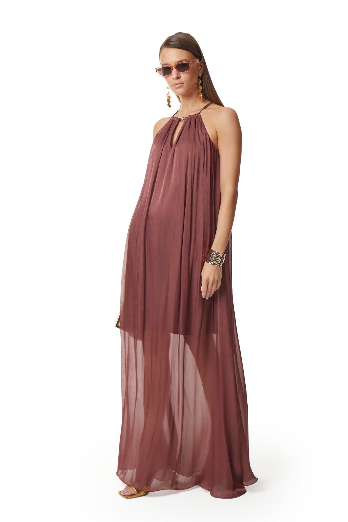 Parlak Dokulu Halter Yaka Maxi Elbise