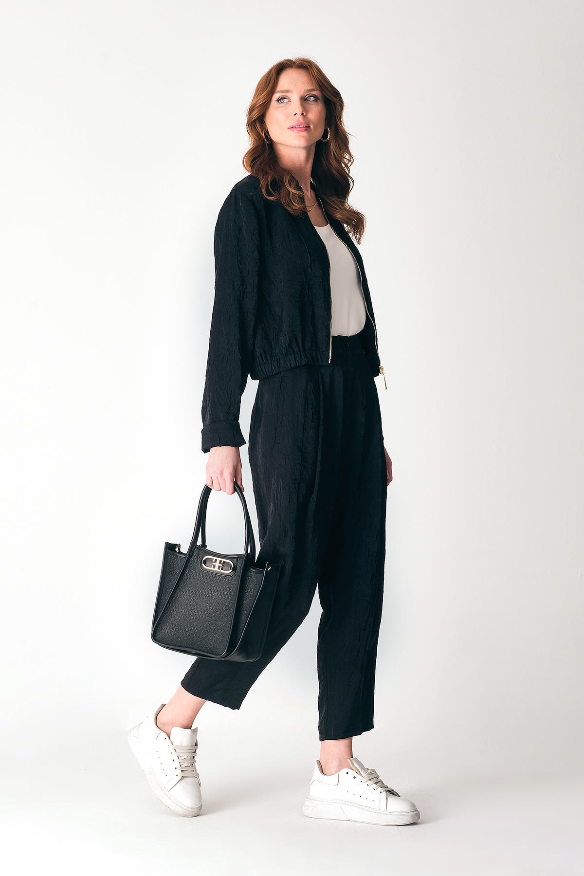 Parlak Dokulu Önden Metal Fermuarlı Bomber Ceket