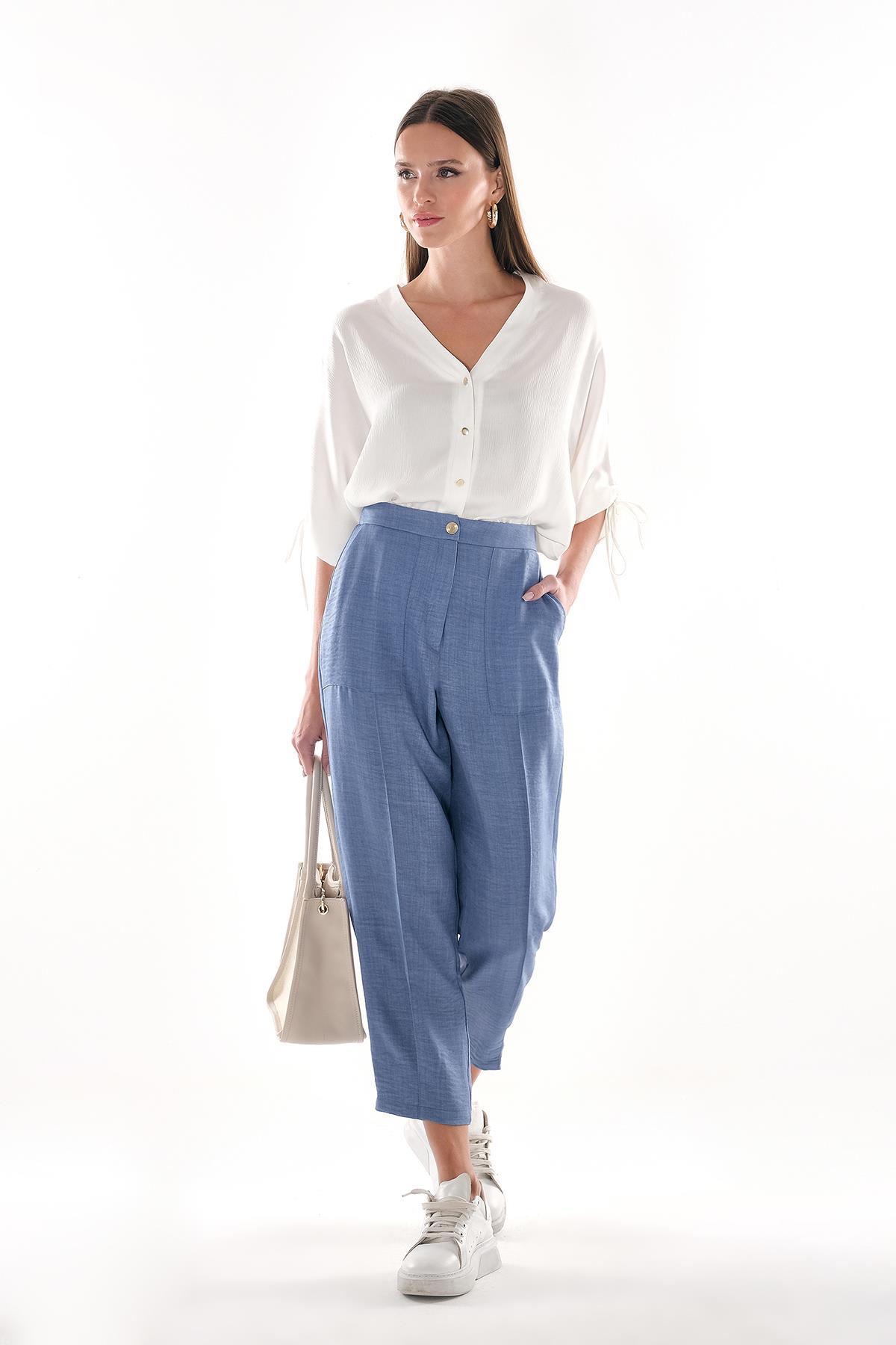 V Yaka Gold Düğmeli Önü ve Kolları Bağlamalı Bluz