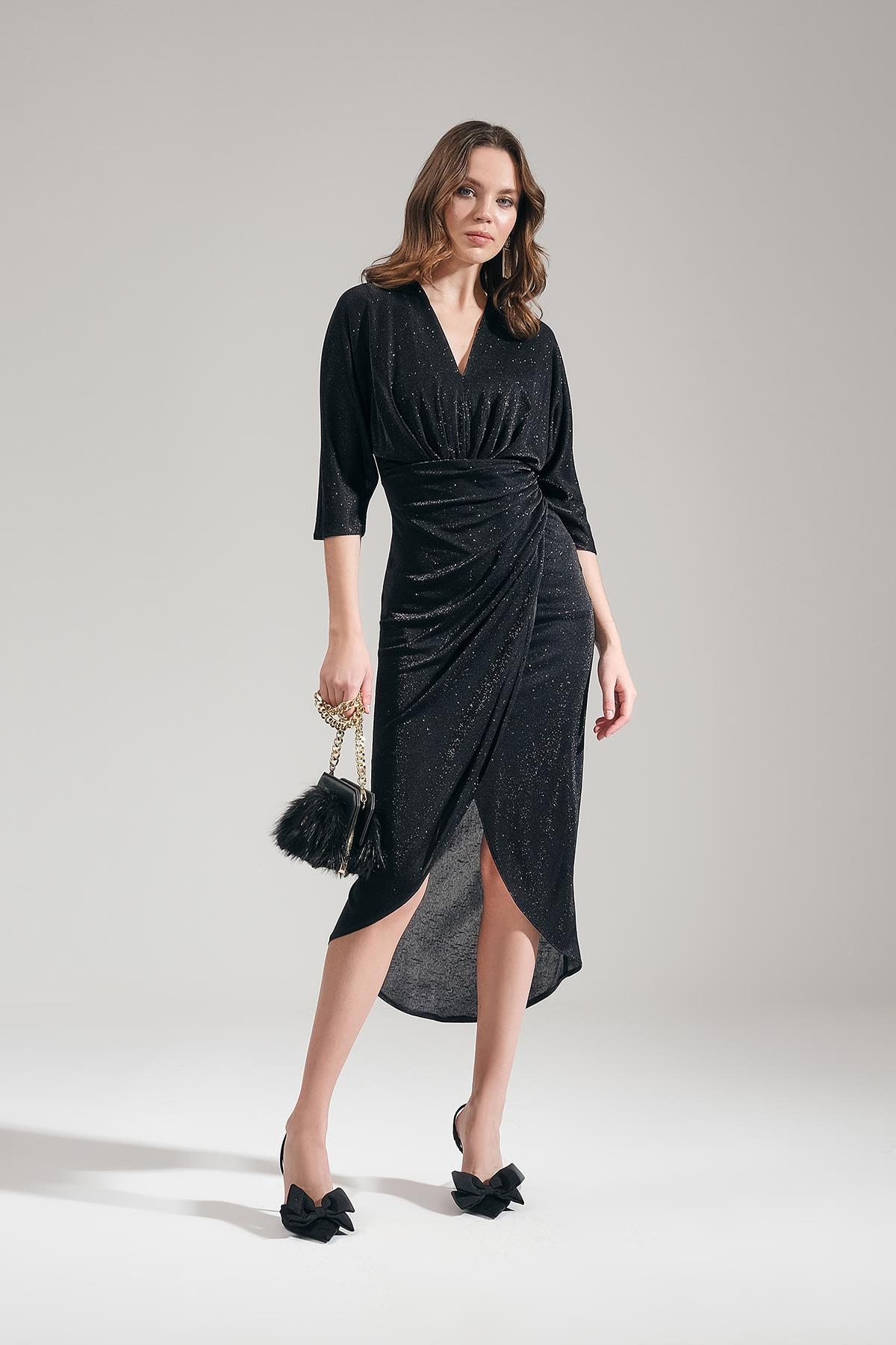 Parlak Simli Dokulu Anvelop Etekli Truvakar Kollu Midi Boy Şık Elbise