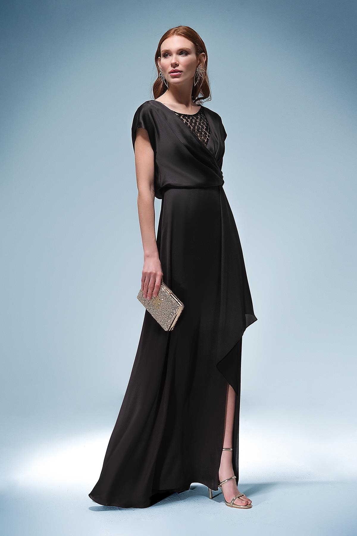 Payet Detaylı Saten Maksi Boy Elbise