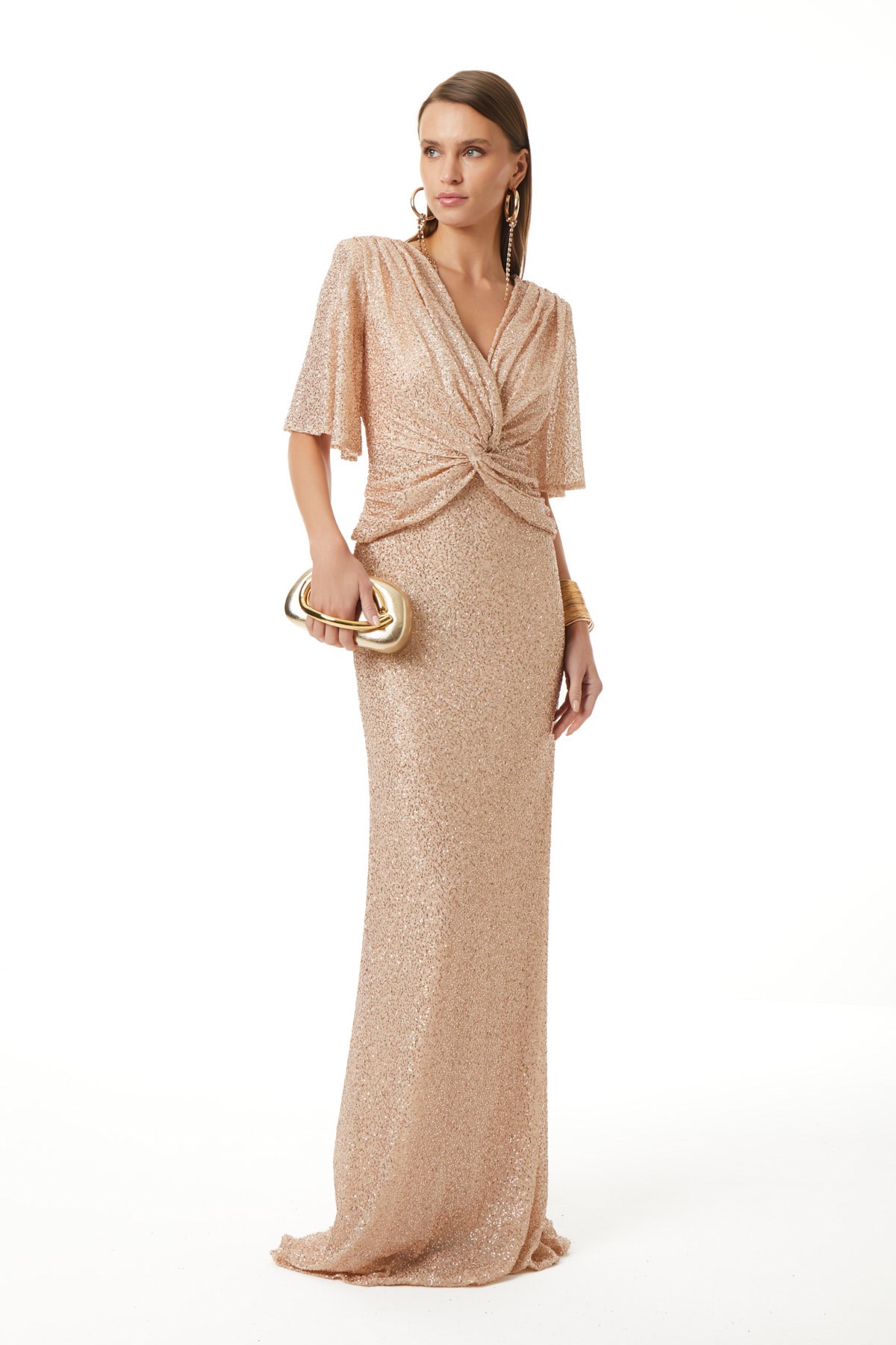 Payet Düğüm Detaylı Büzgülü Maxi Boy Elbise