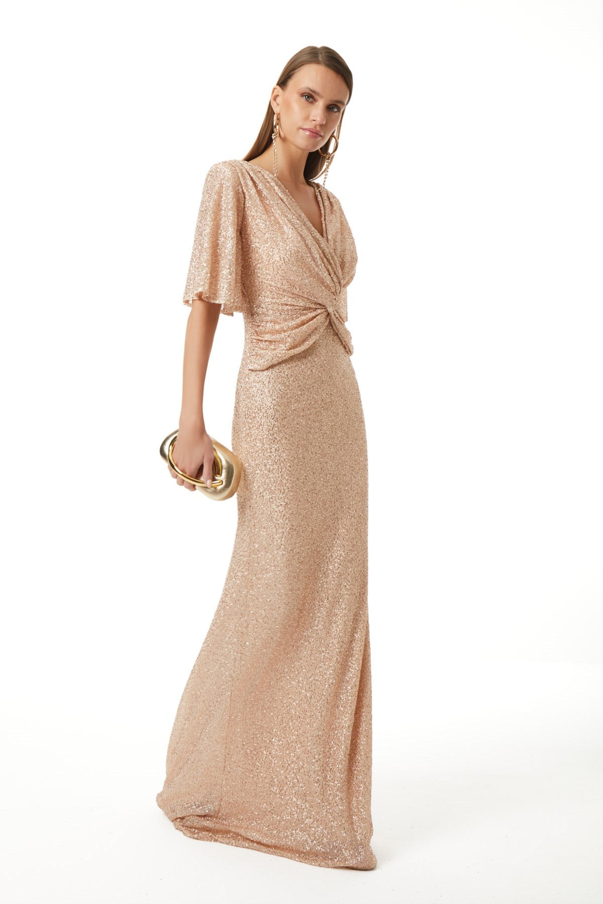 Payet Düğüm Detaylı Büzgülü Maxi Boy Elbise