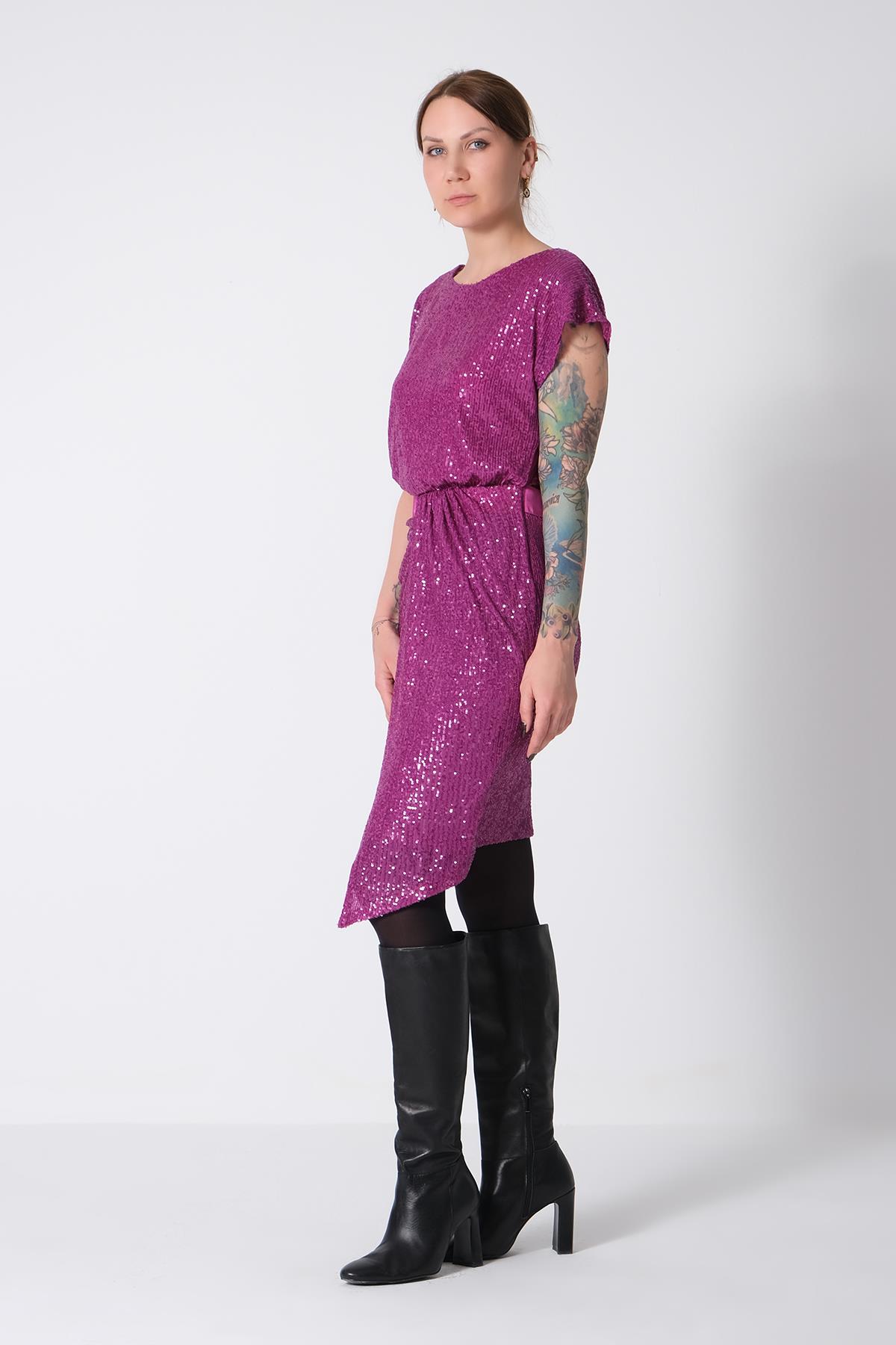 Payet Eteği Asimetrik Mini Şık Elbise