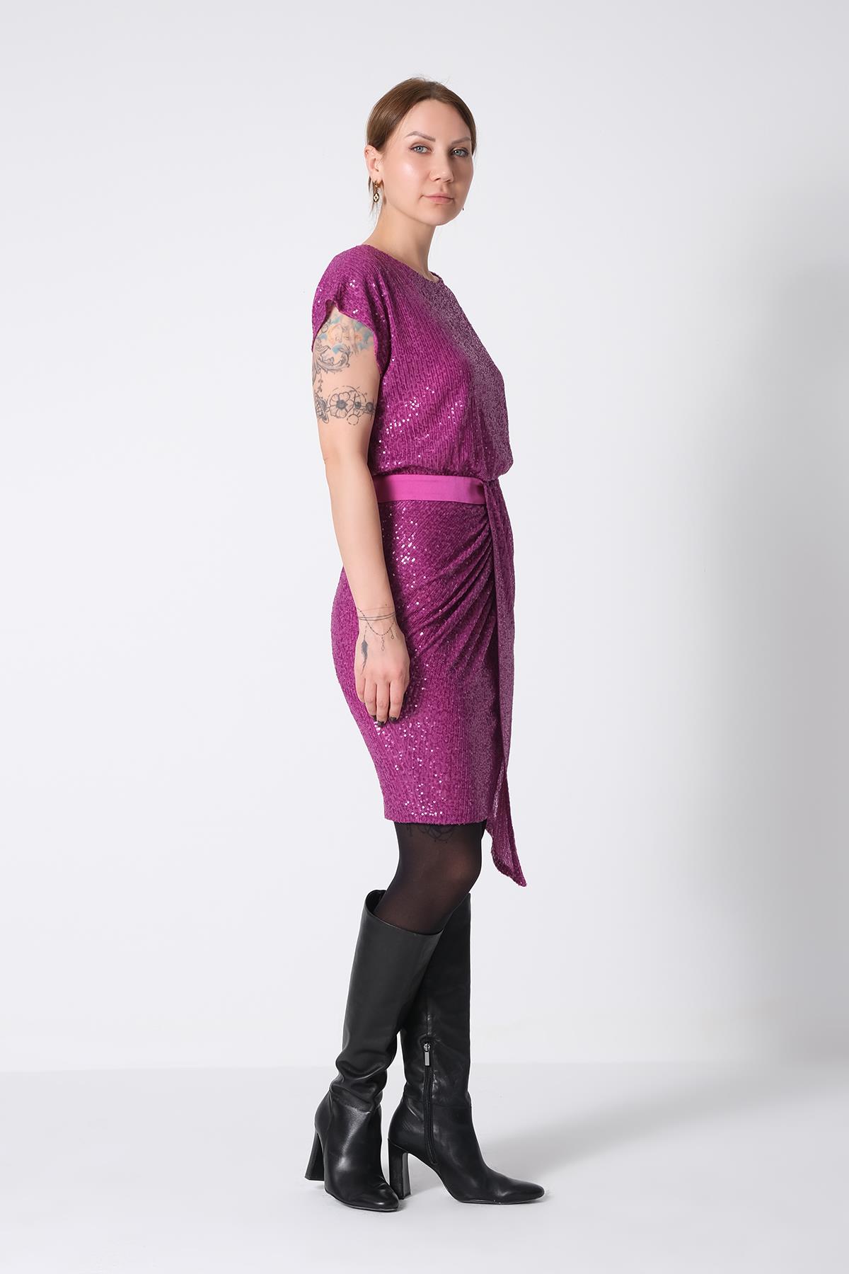 Payet Eteği Asimetrik Mini Şık Elbise