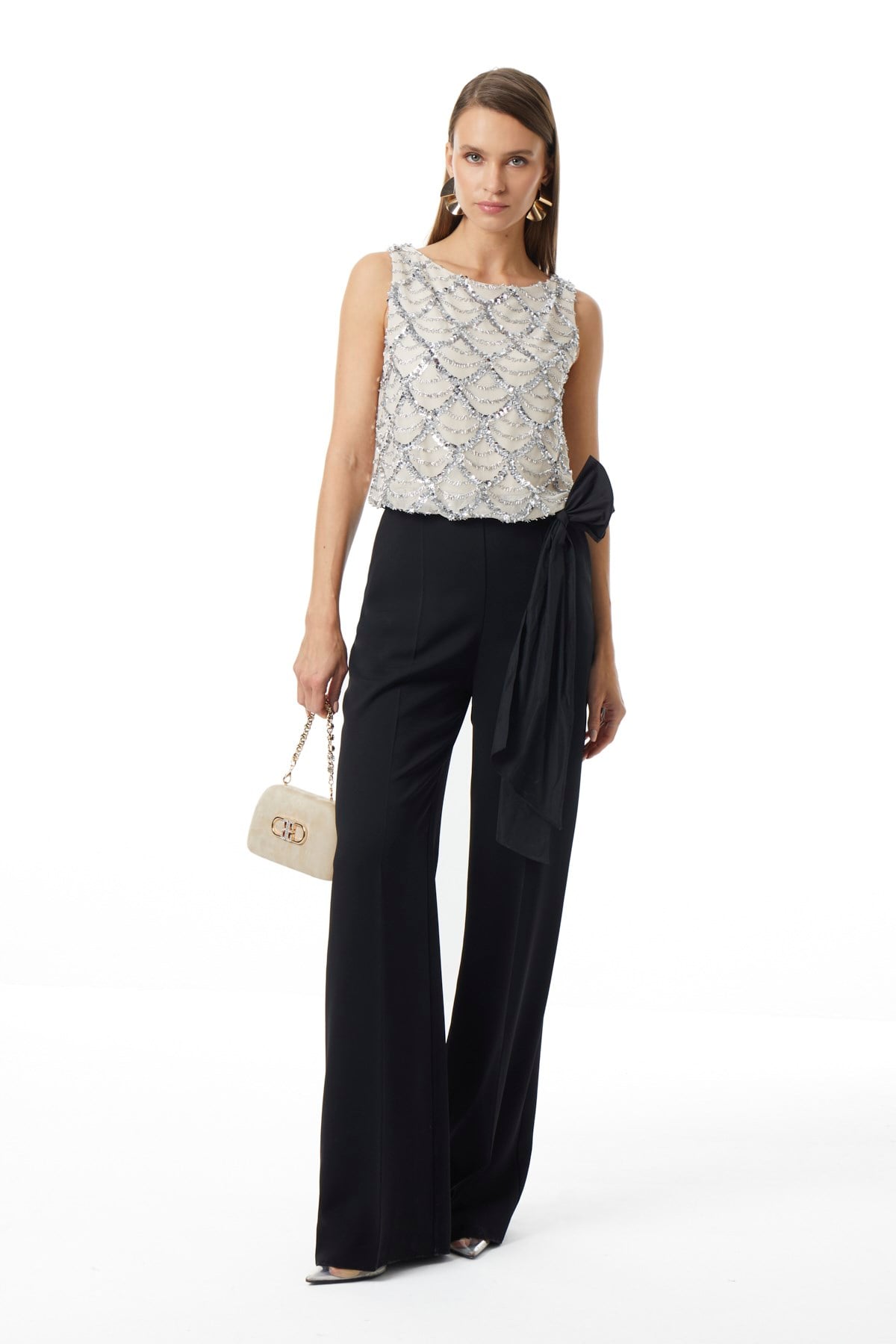 Payet Garnili Beli Kuşaklı Yanları Cepli Tulum