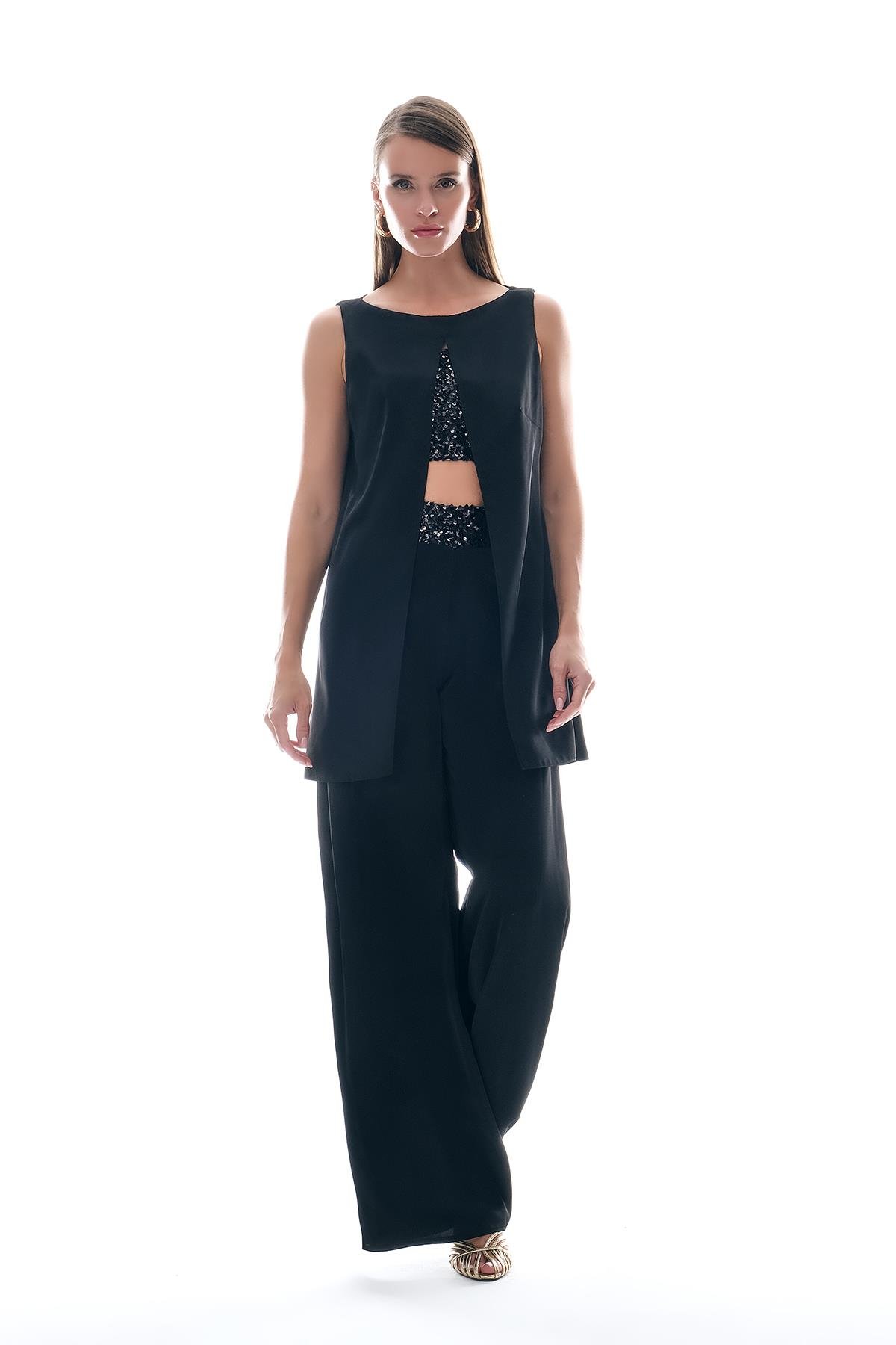 Payet Garnili Gold Aksesuarlı Bol Paça Pantolon Bluz Takım