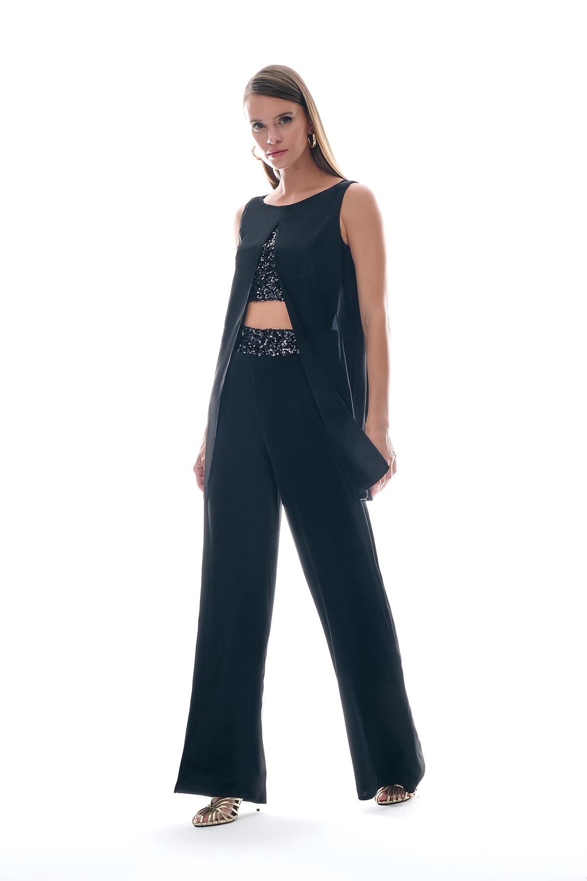 Payet Garnili Gold Aksesuarlı Bol Paça Pantolon Bluz Takım