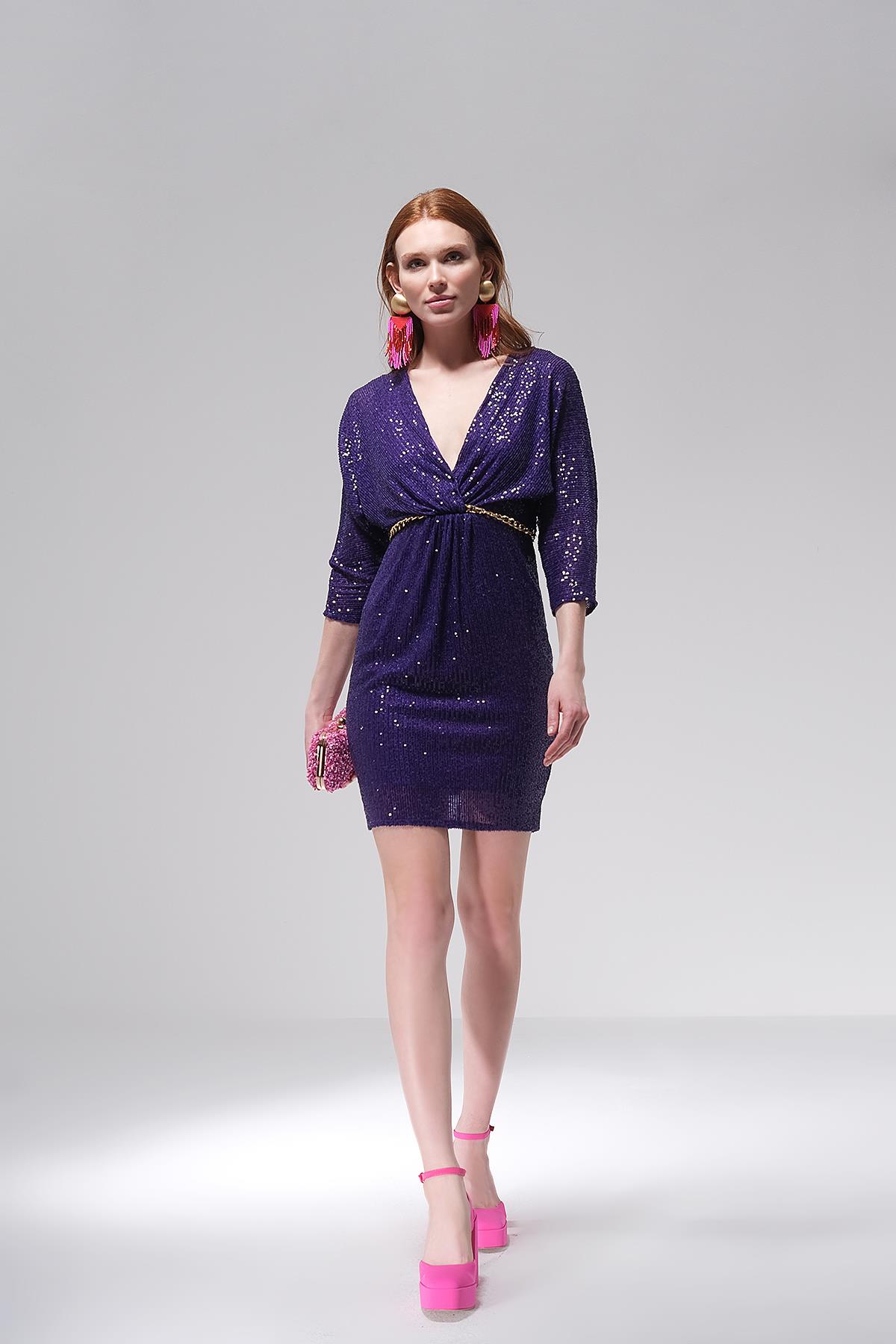 Payet Gold Zincir Kemerli Mini Abiye Elbise