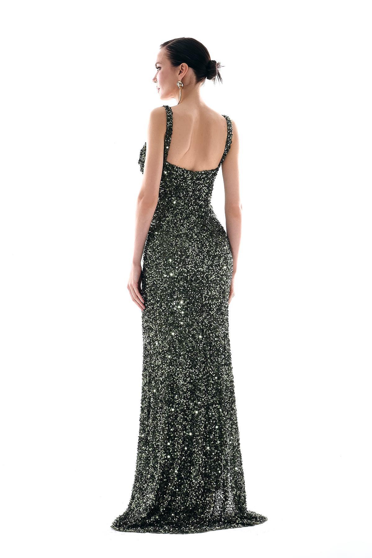 Payet Kalın Askılı Dekolteli Maksi Boy Abiye Elbise