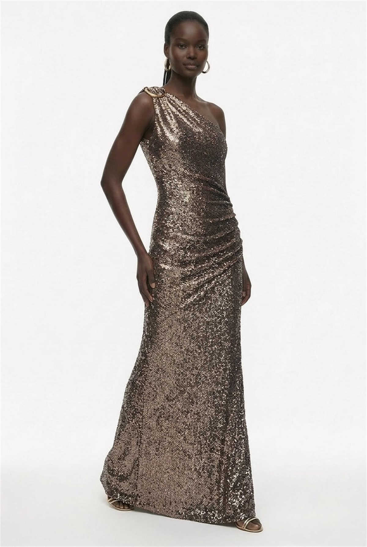 Payet Tek Omuz Aksesuarlı Maxi Elbise