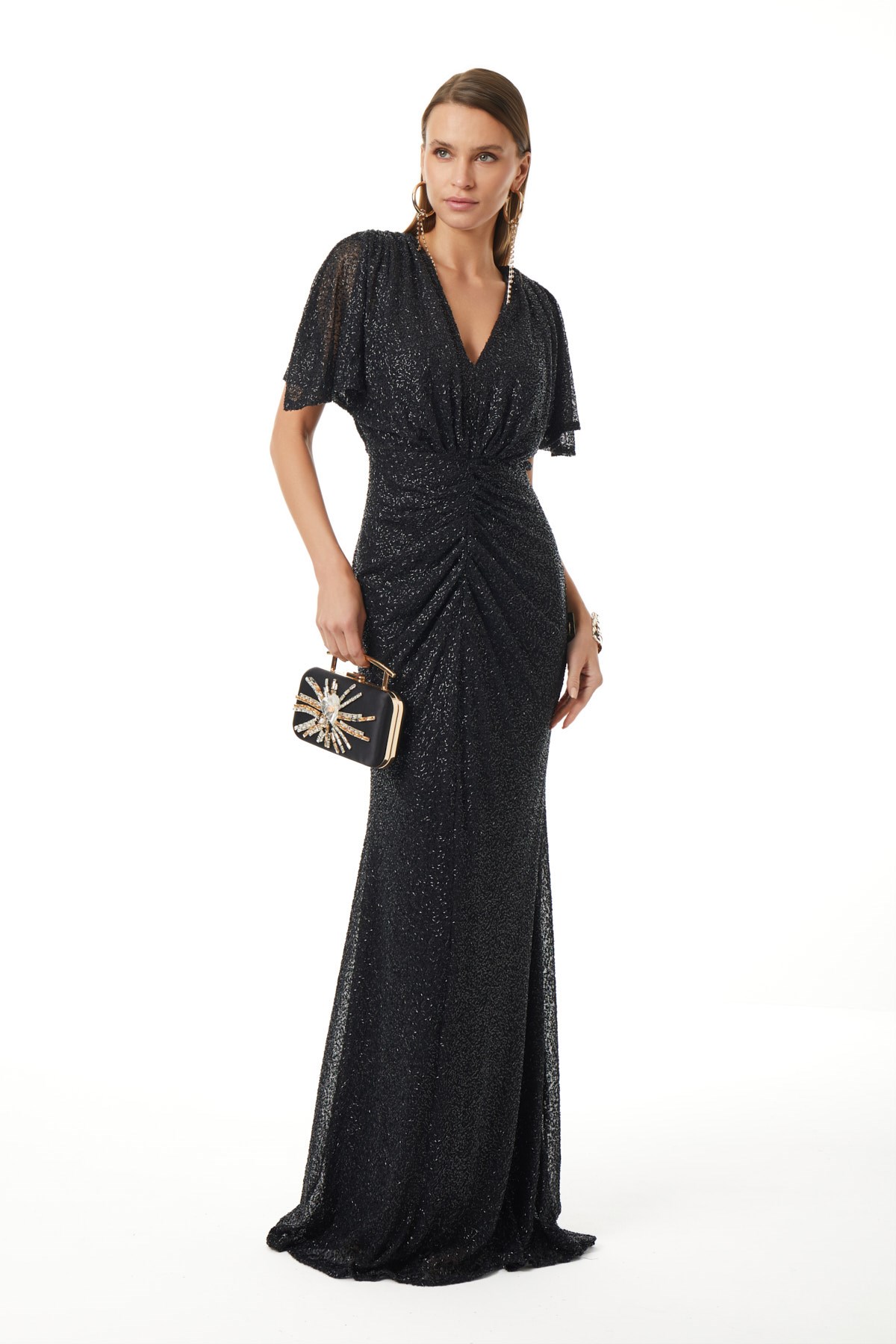 Payet V Yaka Büzgü Detaylı Maxi Elbise