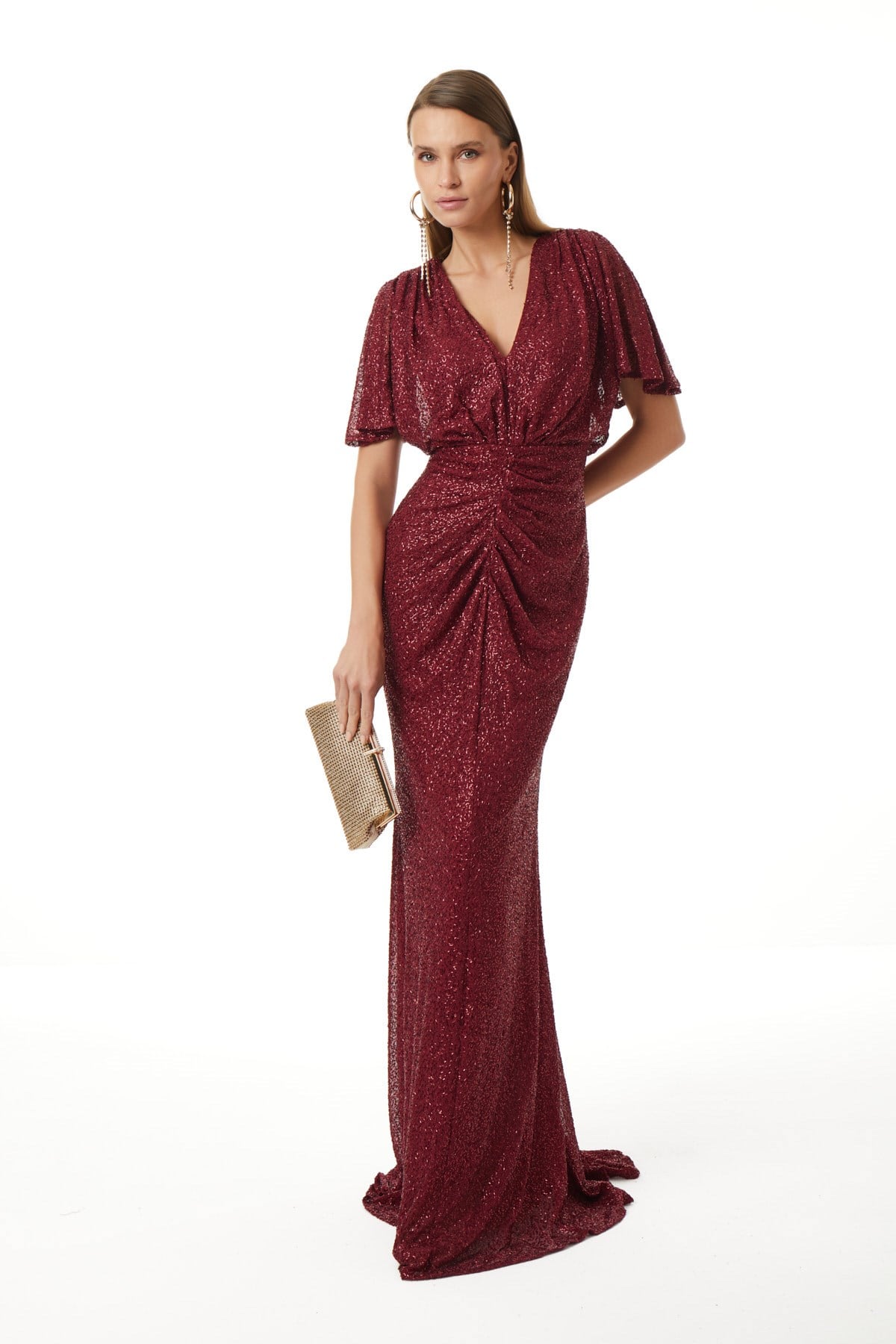 Payet V Yaka Büzgü Detaylı Maxi Elbise