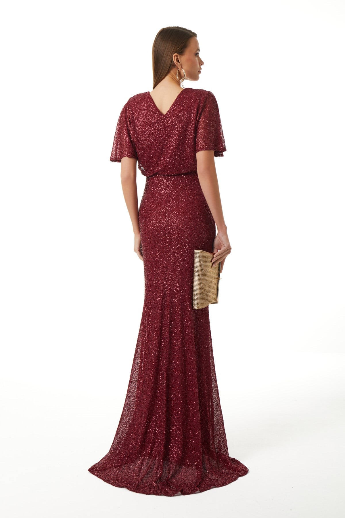 Payet V Yaka Büzgü Detaylı Maxi Elbise