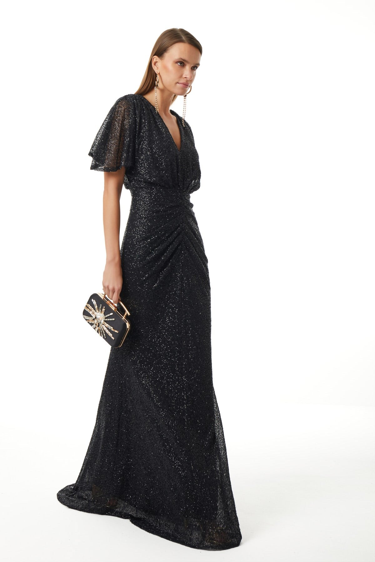 Payet V Yaka Büzgü Detaylı Maxi Elbise