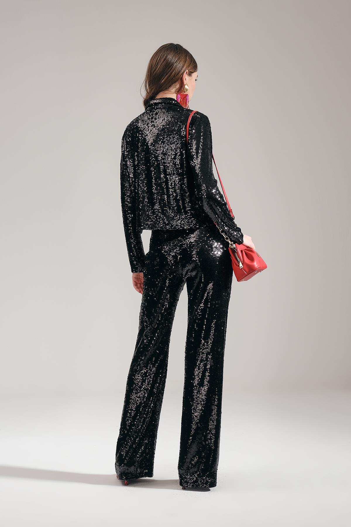 Payet Yakalı Önden Agraflı Kısa Ceket Bol Paça Pntolon Ceket Takım