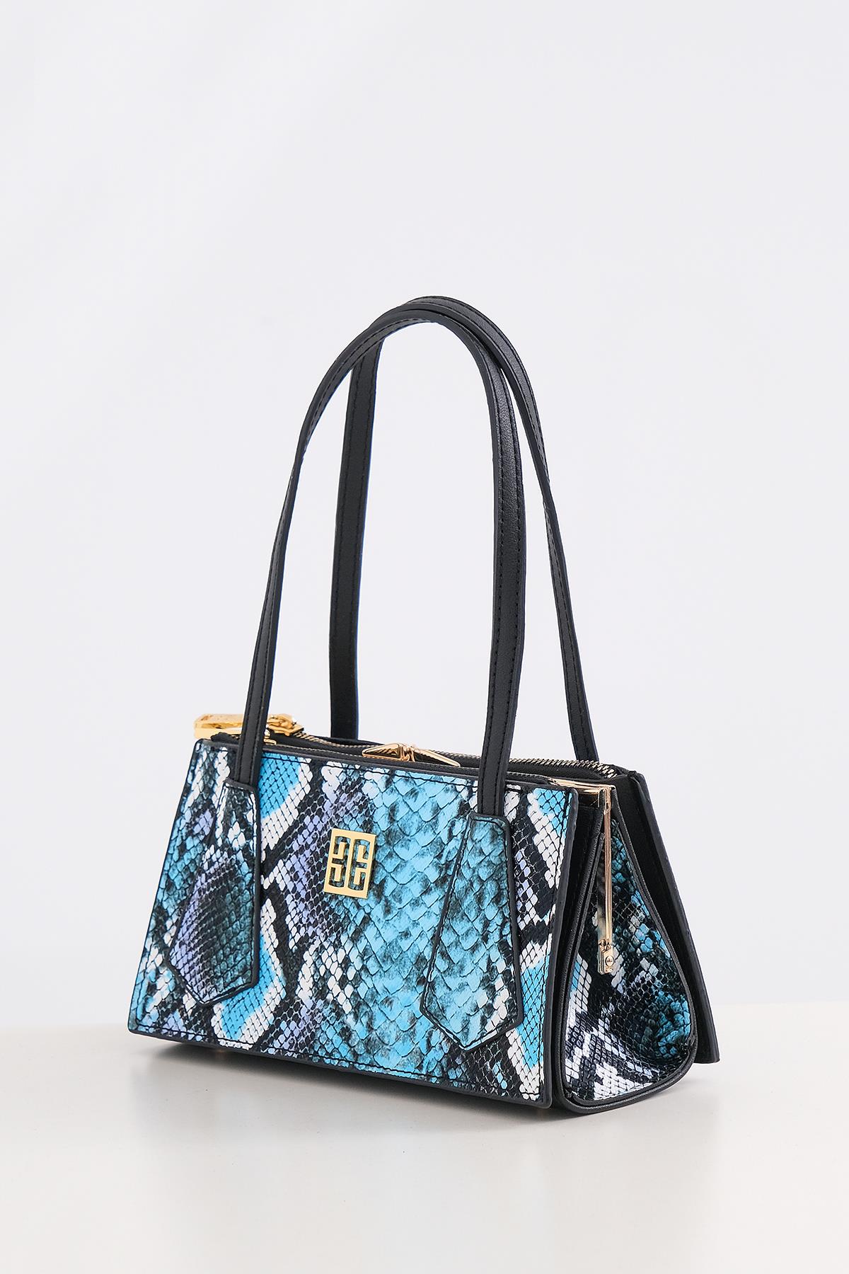 Piton Desenli Çift Fermuarlı Klipsli Şık Çanta