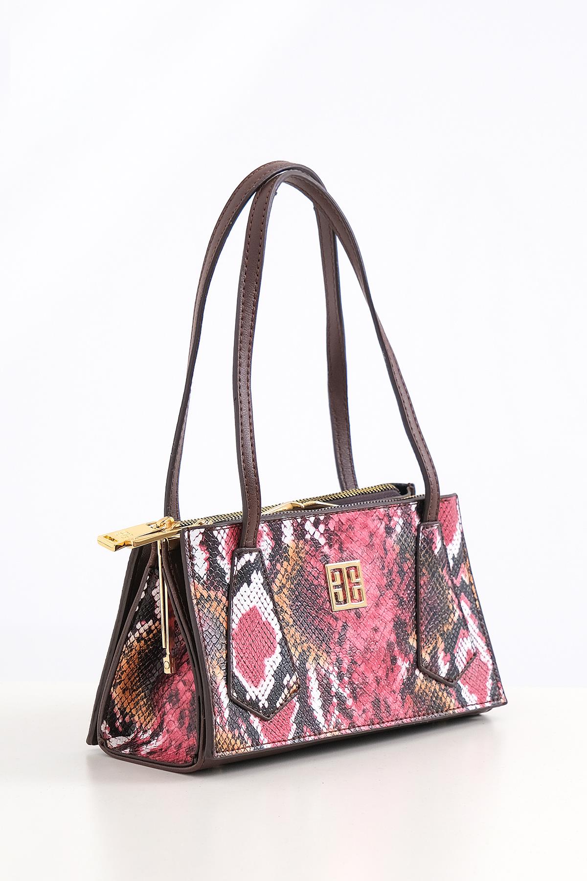 Piton Desenli Çift Fermuarlı Klipsli Şık Çanta