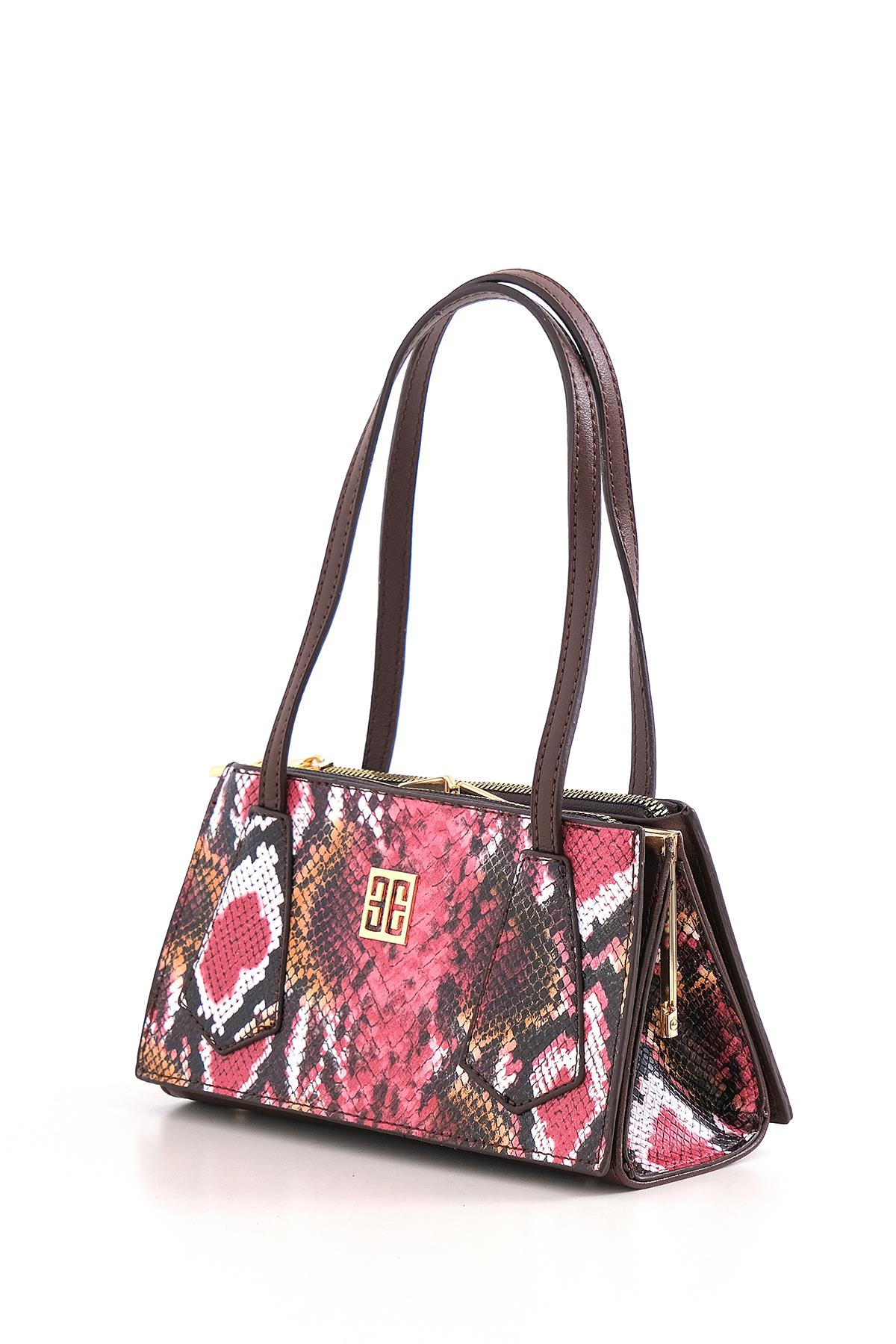 Piton Desenli Çift Fermuarlı Klipsli Şık Çanta