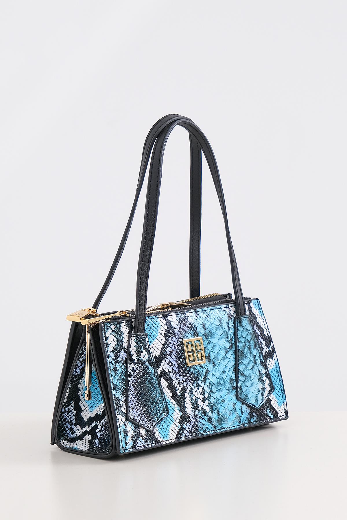 Piton Desenli Çift Fermuarlı Klipsli Şık Çanta