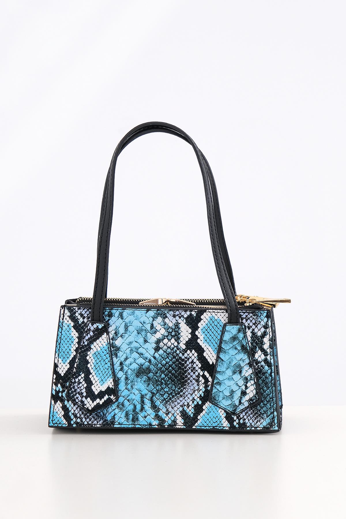 Piton Desenli Çift Fermuarlı Klipsli Şık Çanta