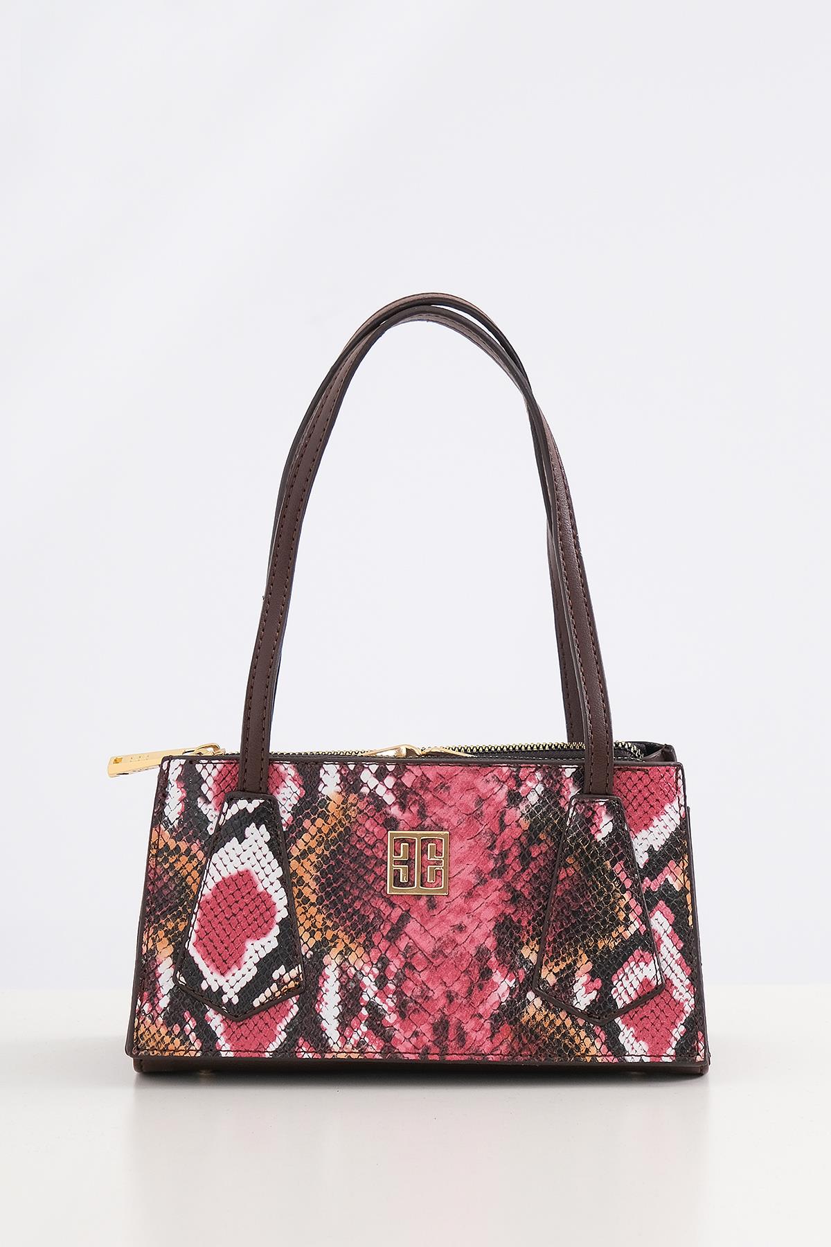 Piton Desenli Çift Fermuarlı Klipsli Şık Çanta