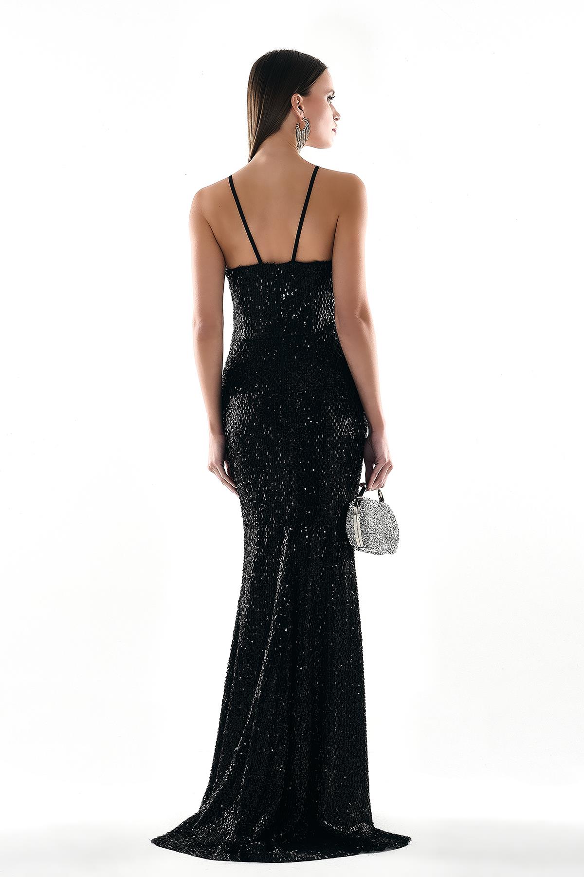 Pul Payet Göğüs Dekolteli Saten Abiye Elbise