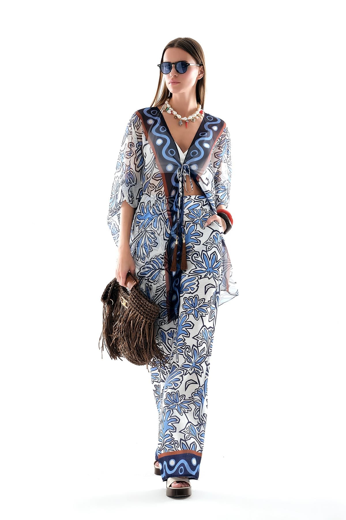 Desenli Kimono Ve Keten Bol Paça Pantolon Takım