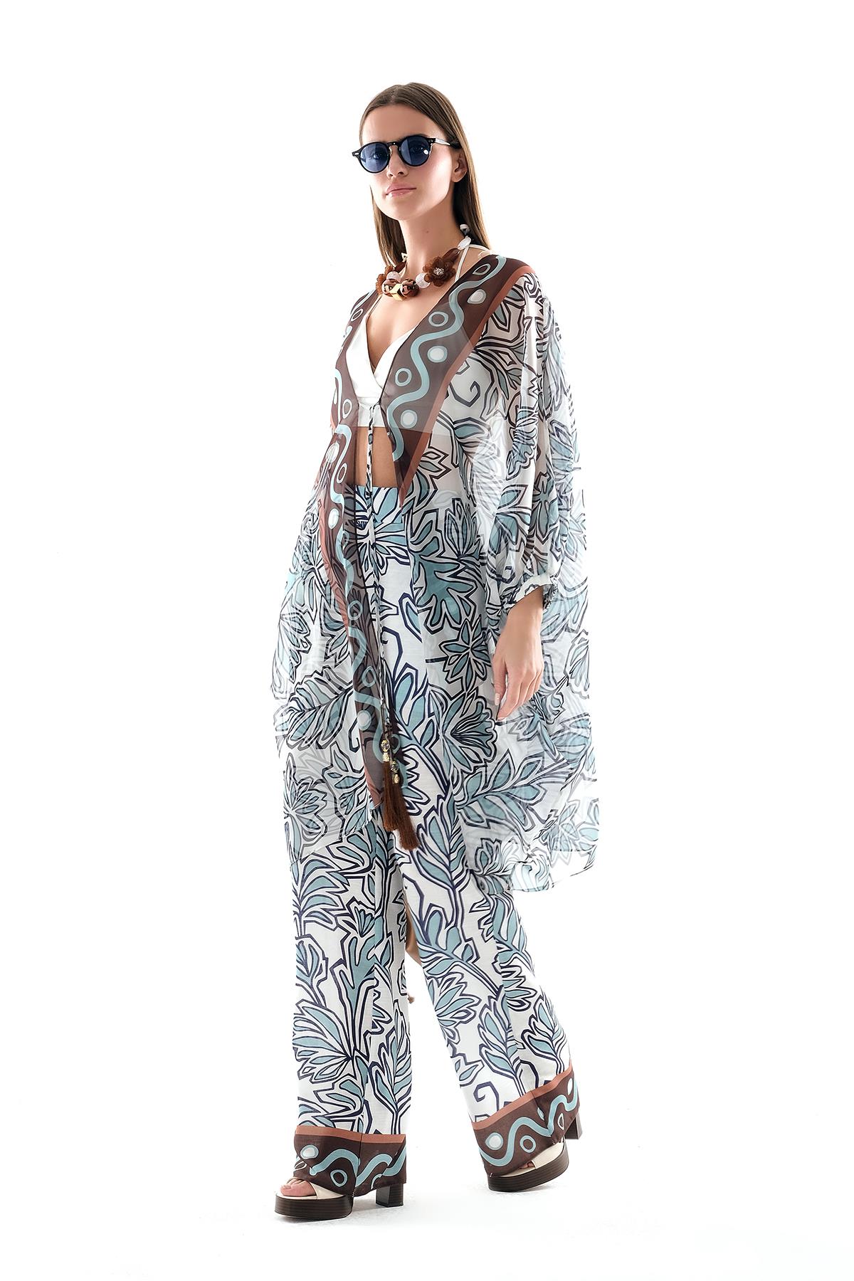 Desenli Kimono Ve Keten Bol Paça Pantolon Takım