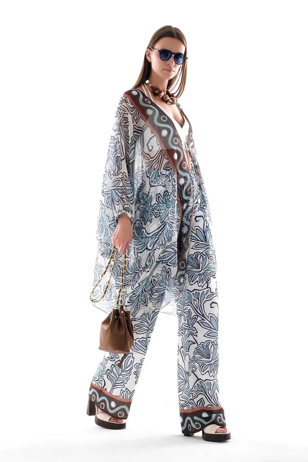 Desenli Kimono Ve Keten Bol Paça Pantolon Takım