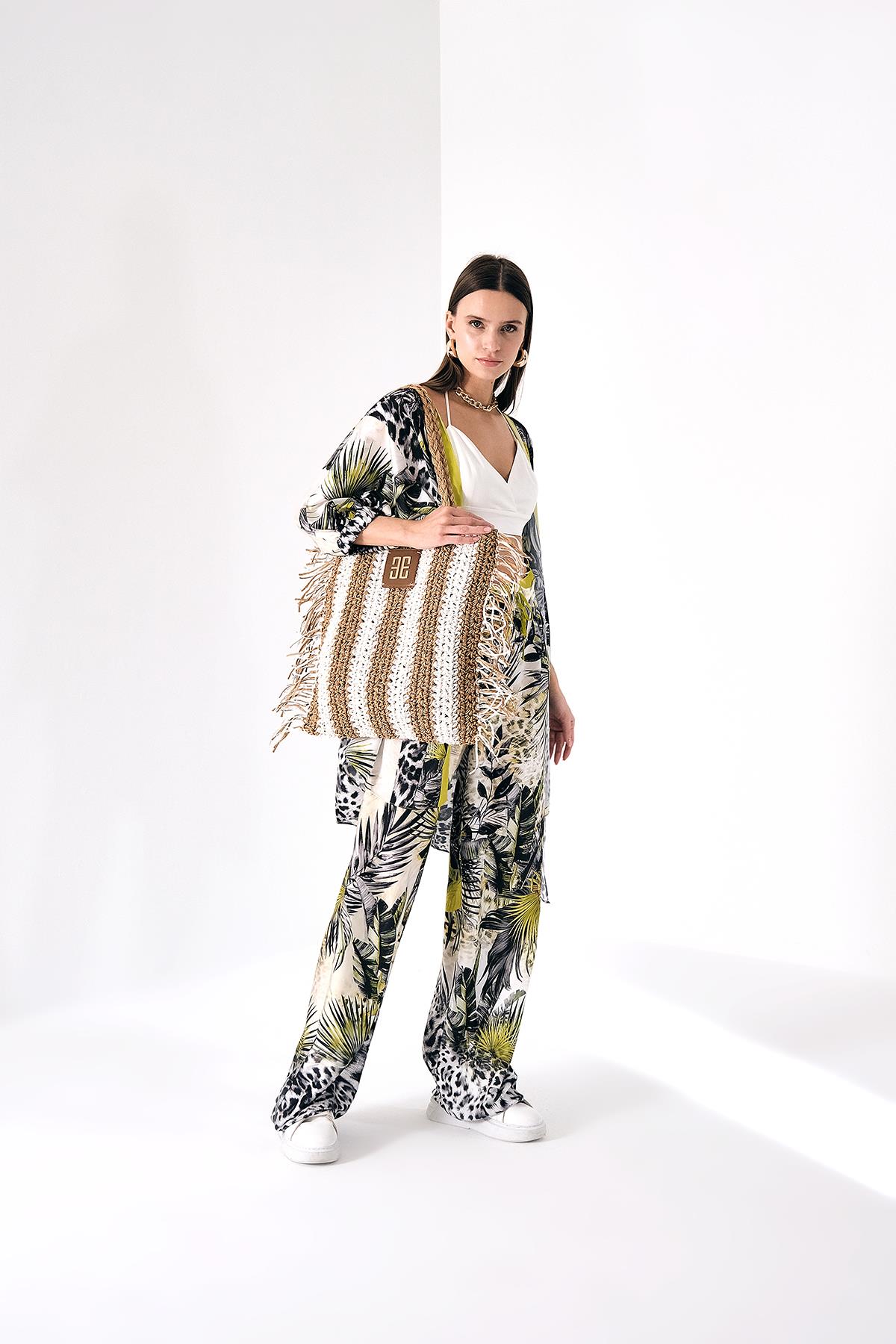 Renk Bloklu Desenli Kimono