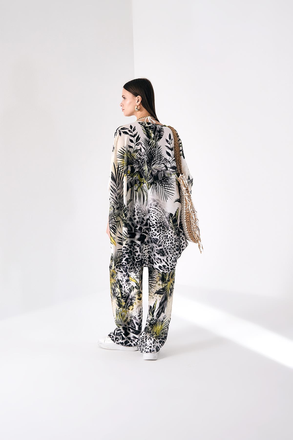 Renk Bloklu Desenli Kimono