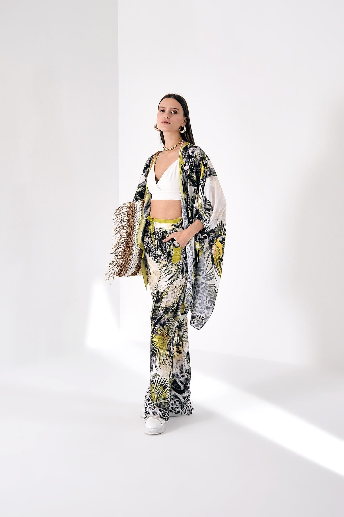 Renk Bloklu Desenli Kimono