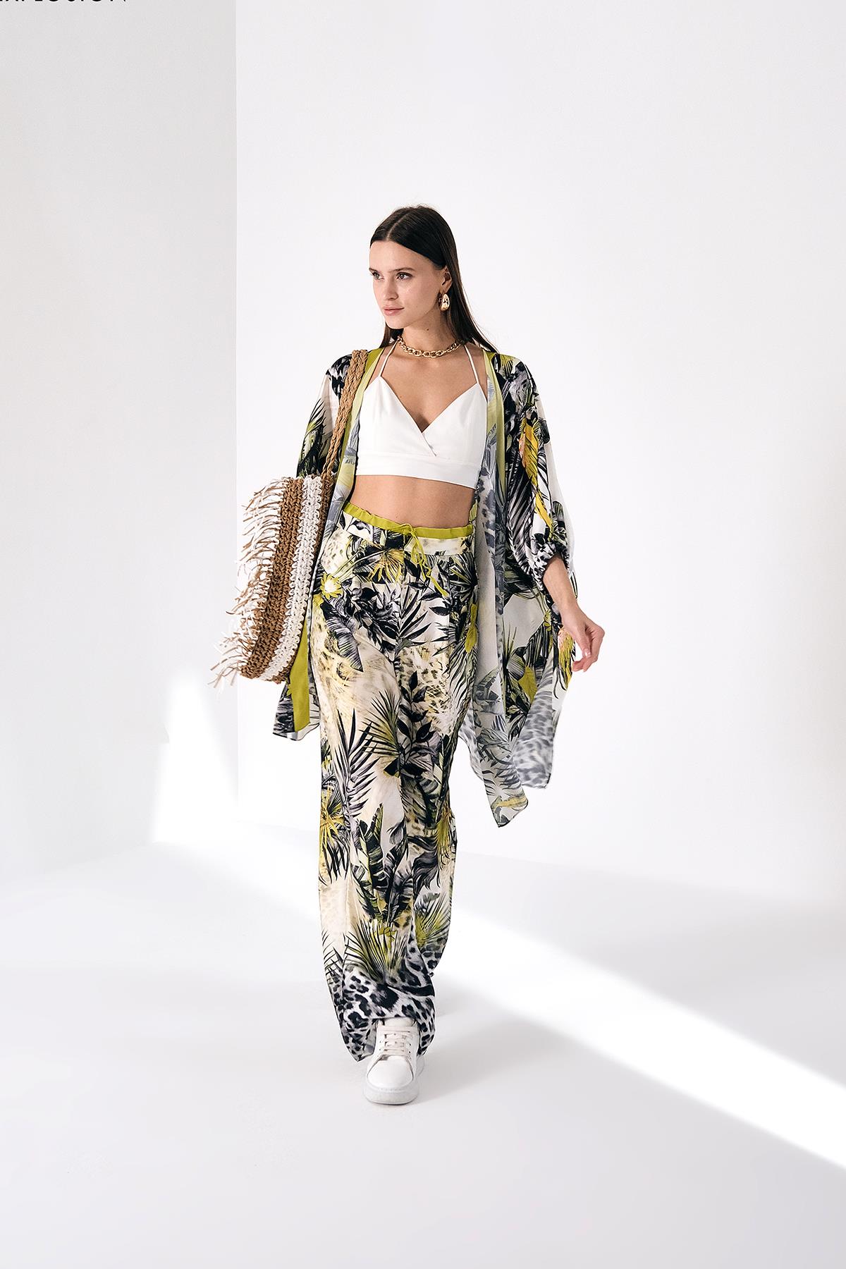 Renk Bloklu Desenli Kimono