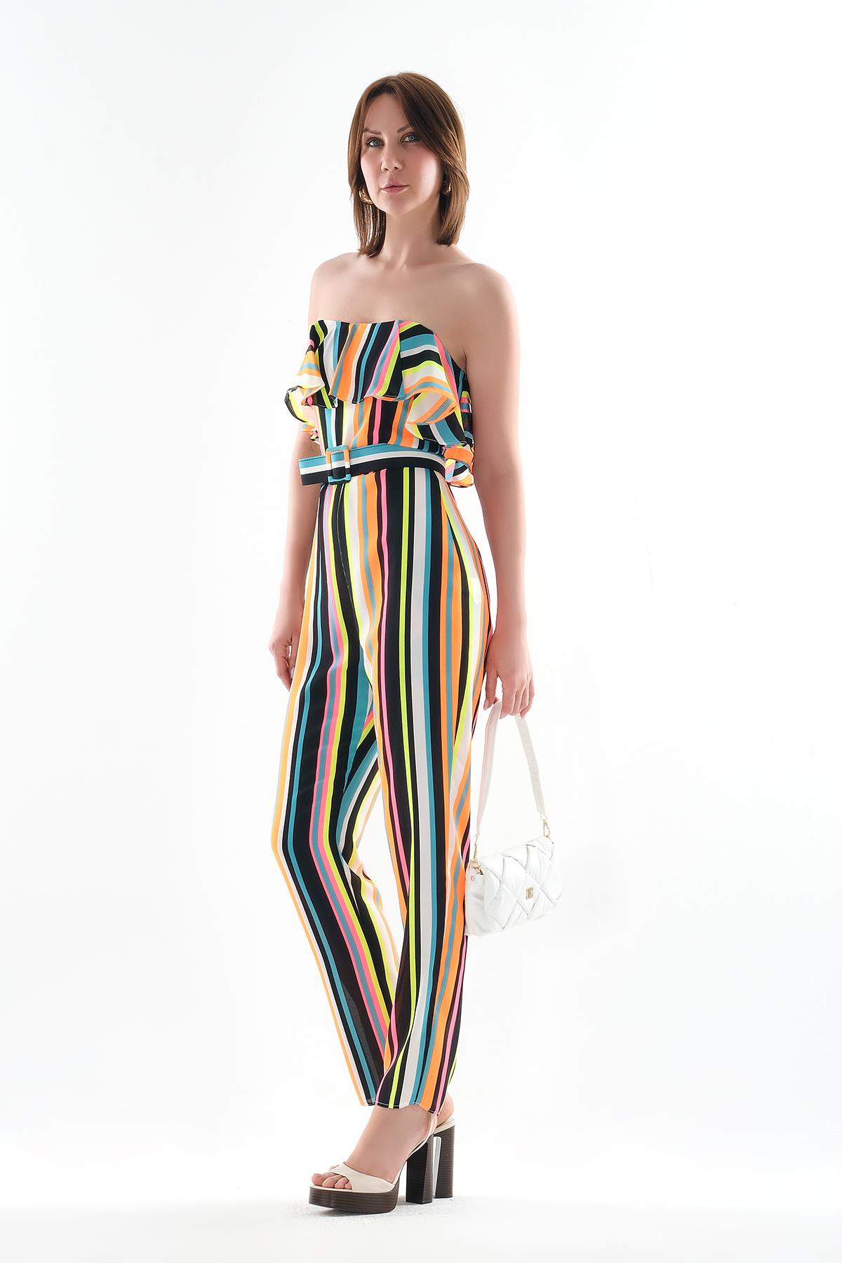 Renkli Çizgili Straplez Tulum