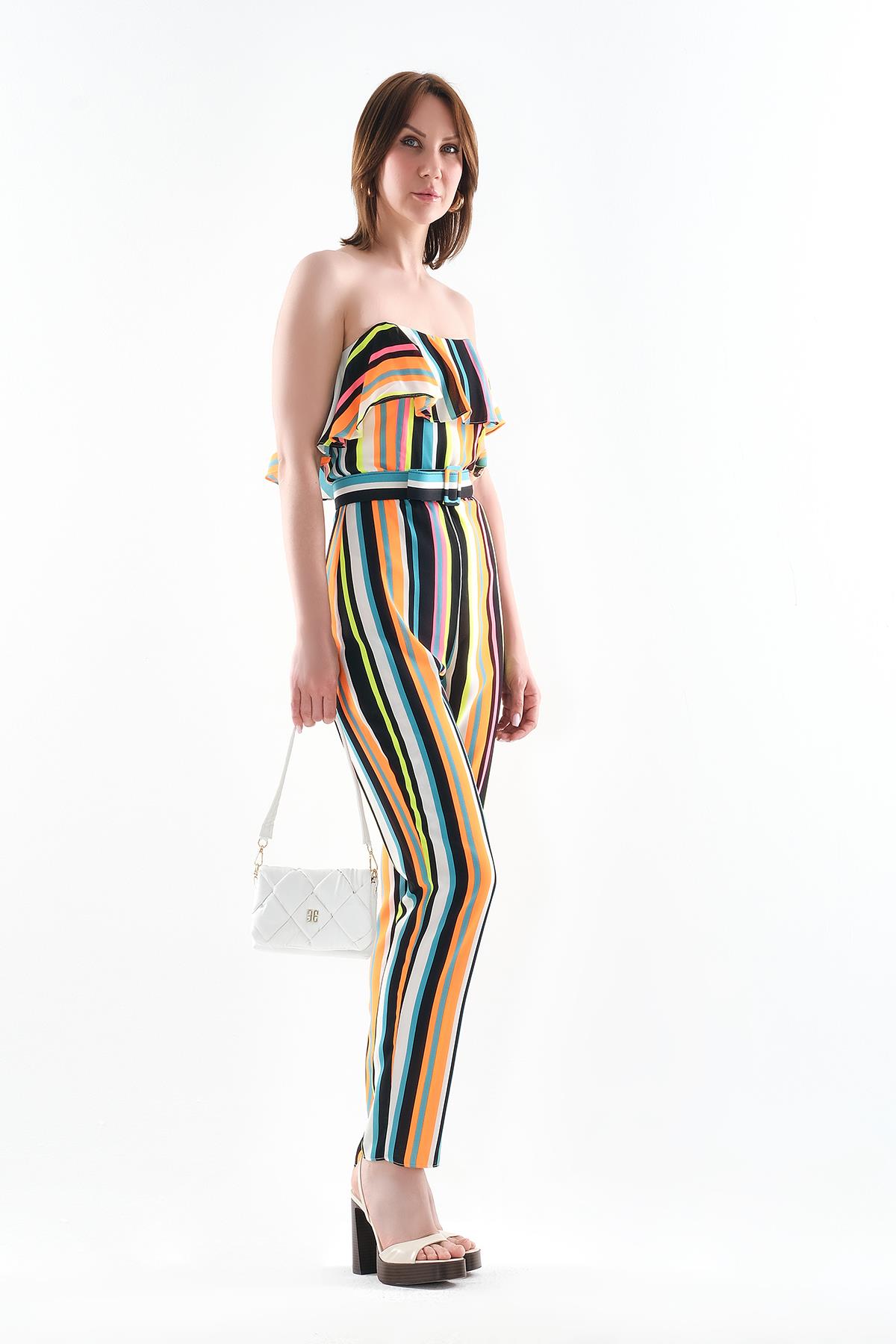 Renkli Çizgili Straplez Tulum