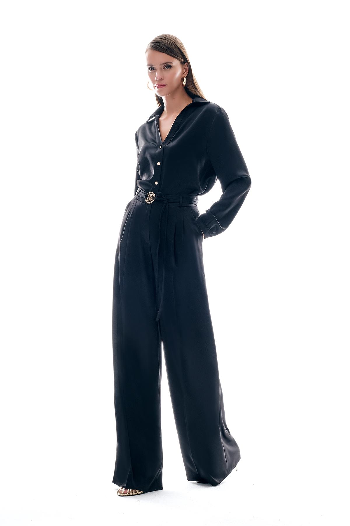 Saten Bol Paça Beli Bağçıklı Pantolon