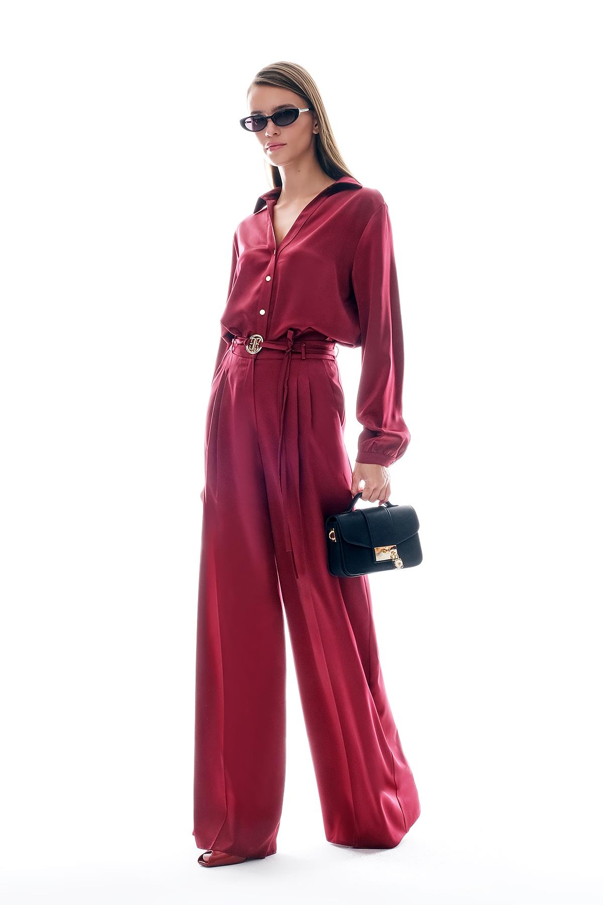 Saten Bol Paça Beli Bağçıklı Pantolon