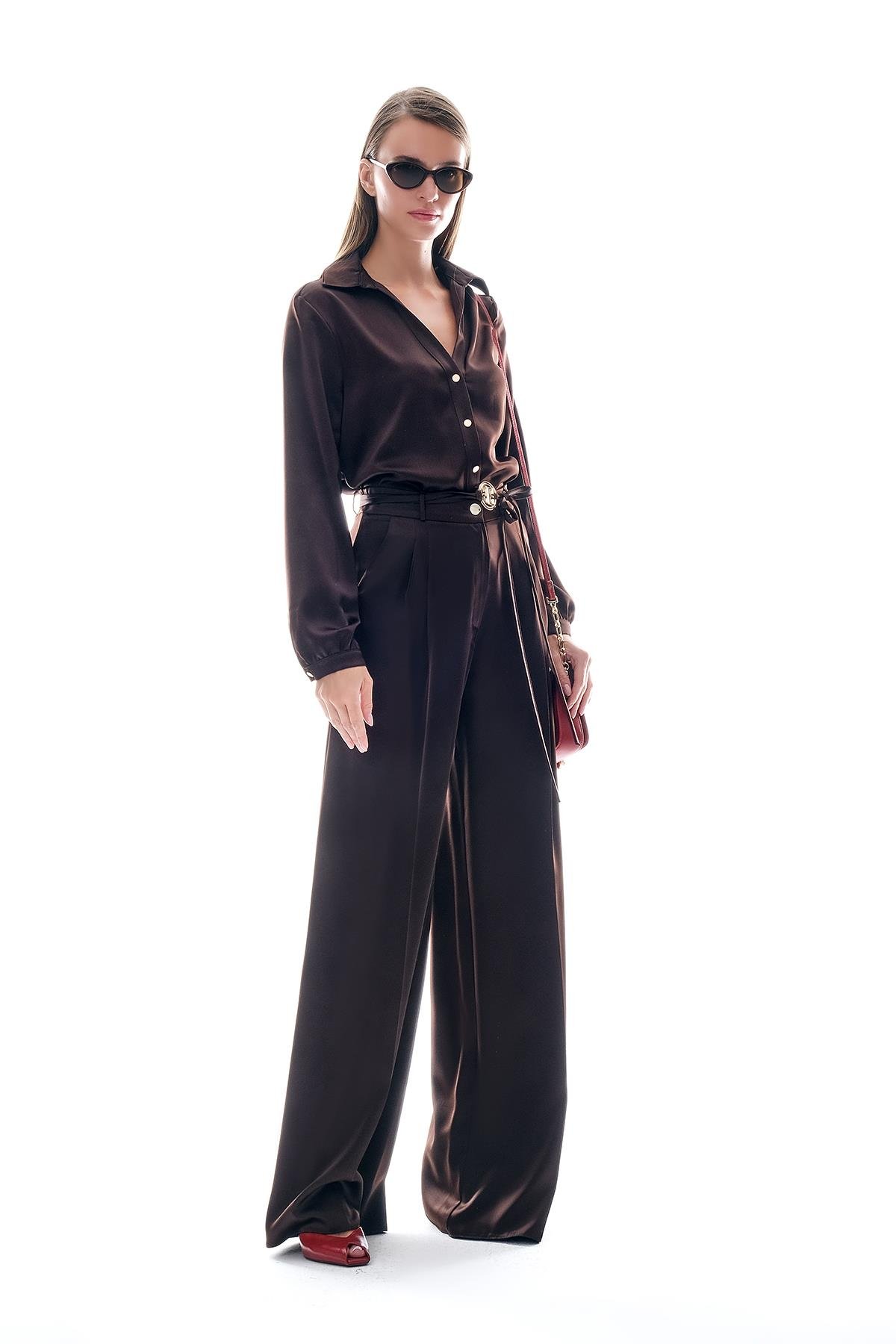 Saten Bol Paça Beli Bağçıklı Pantolon