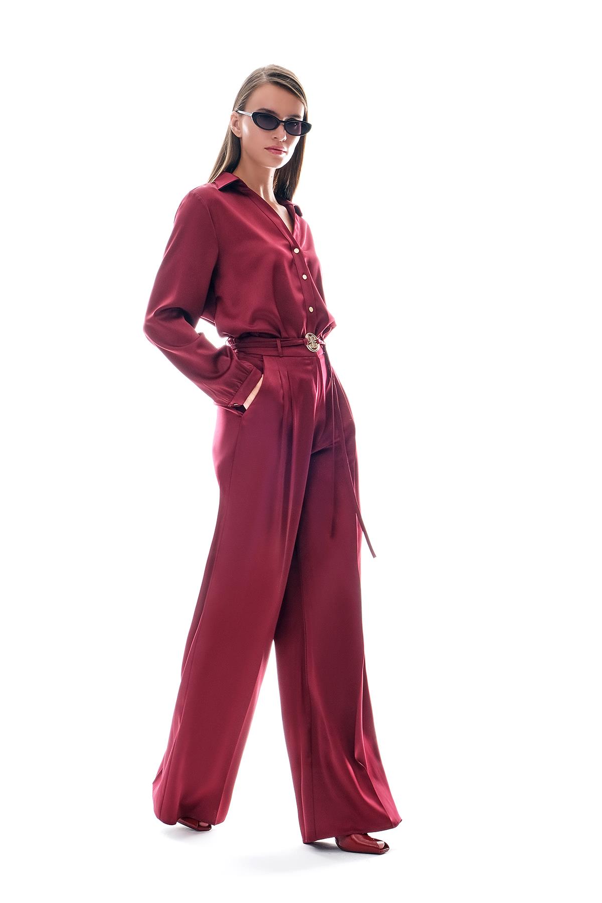 Saten Bol Paça Beli Bağçıklı Pantolon