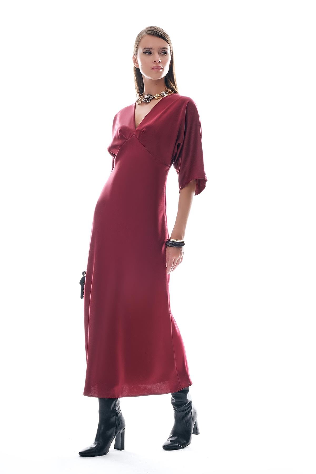 Saten Drapeli Midi Şık Elbise