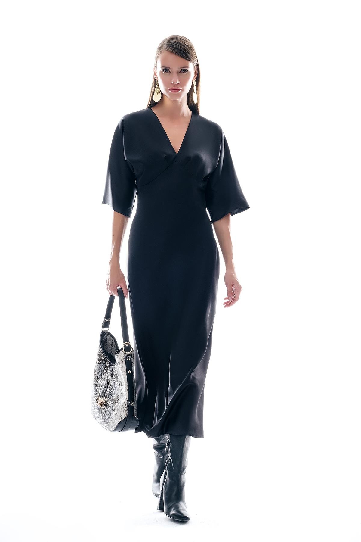 Saten Drapeli Midi Şık Elbise