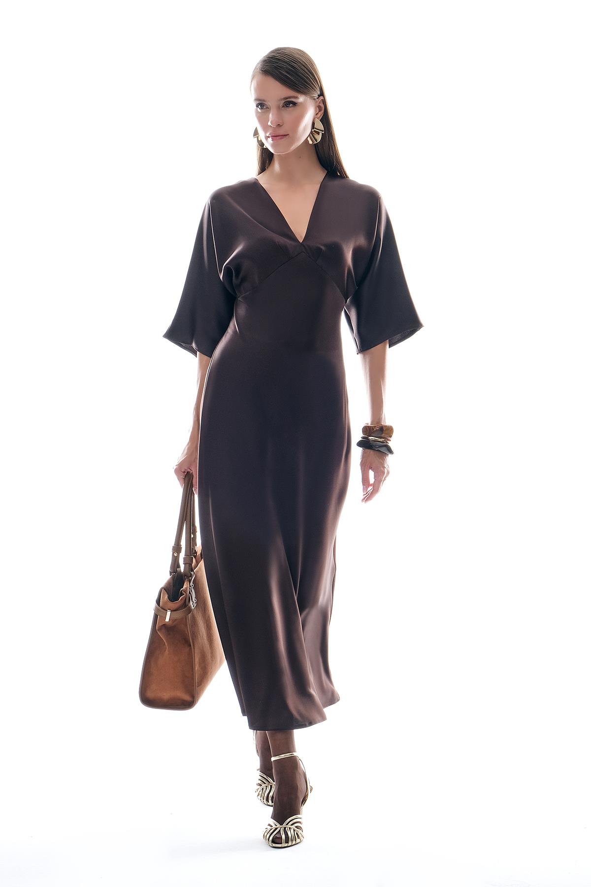 Saten Drapeli Midi Şık Elbise