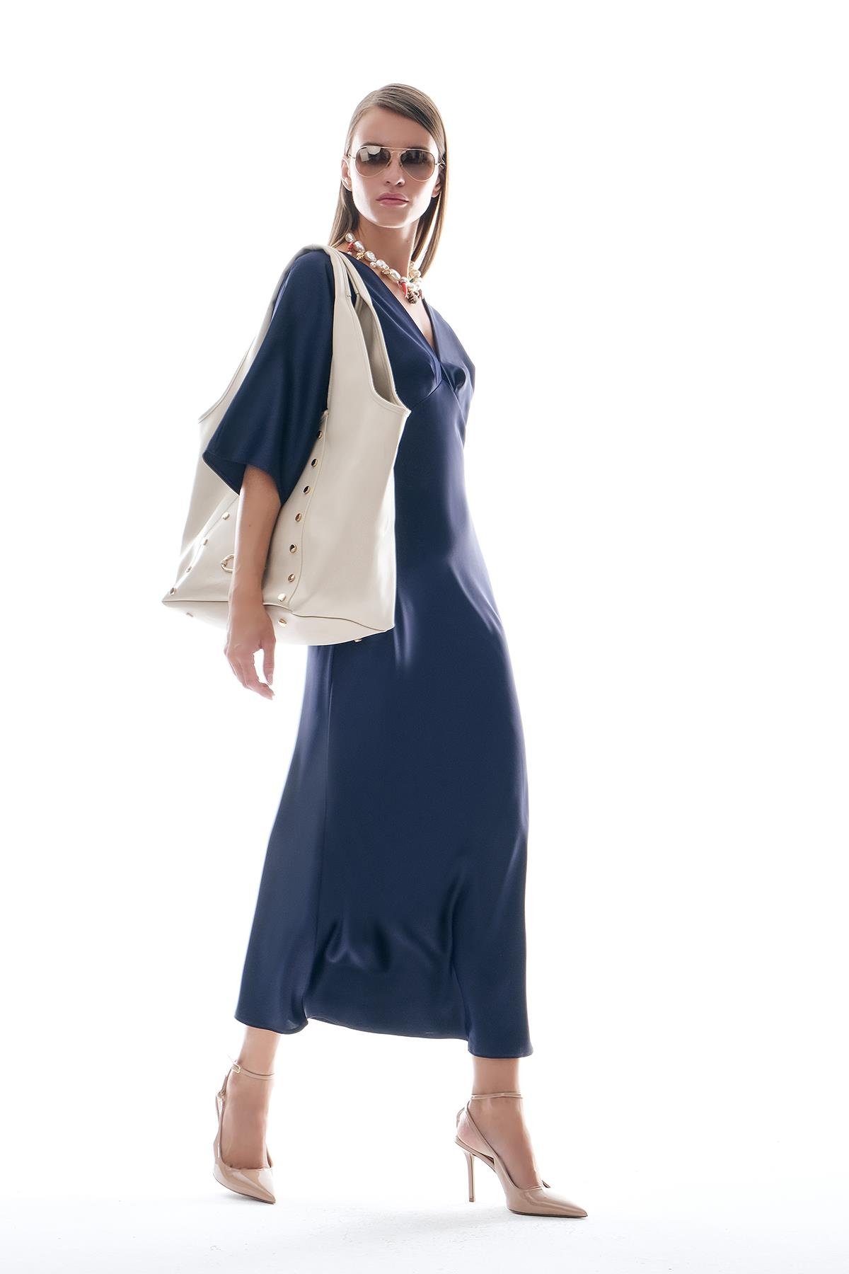 Saten Drapeli Midi Şık Elbise