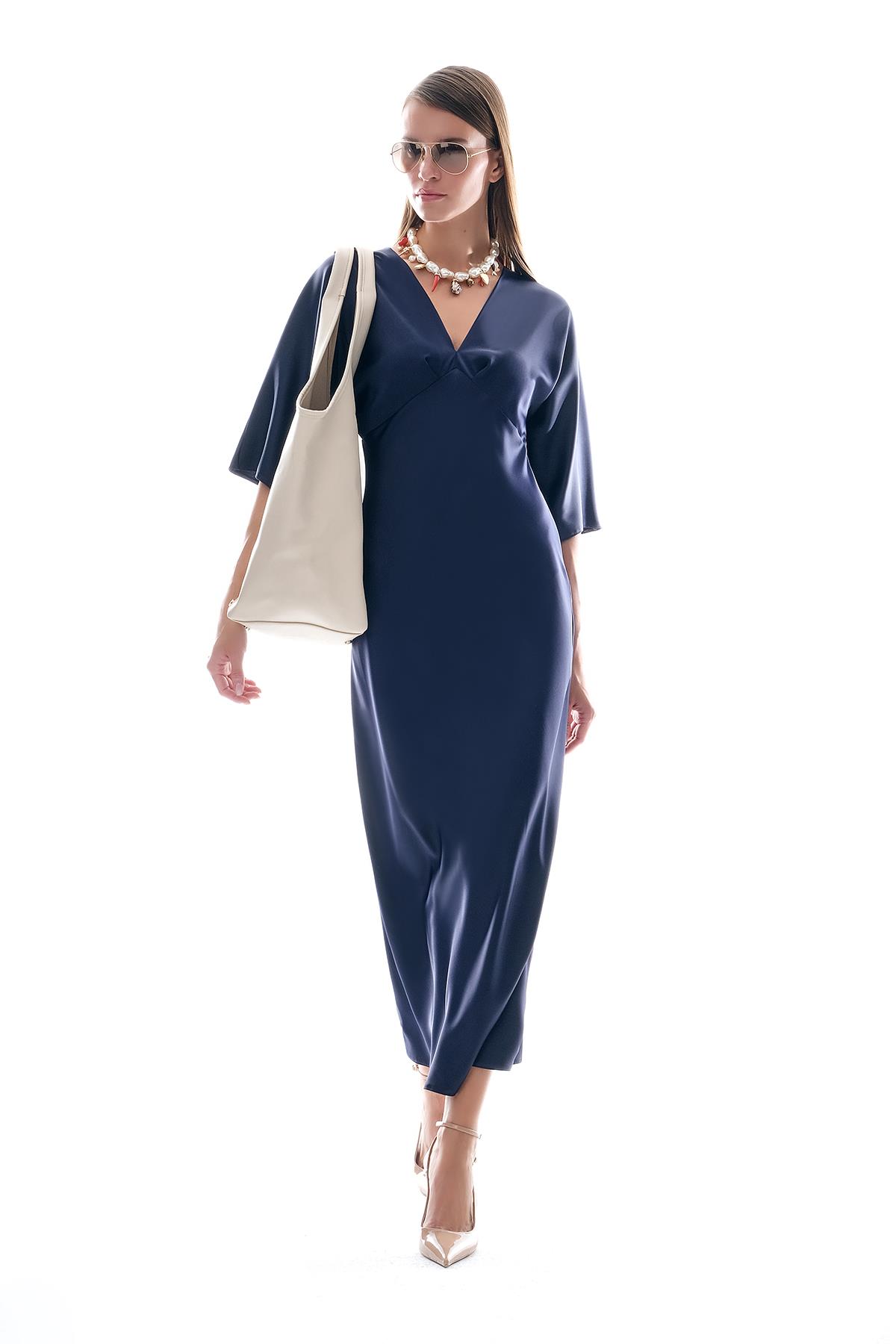 Saten Drapeli Midi Şık Elbise