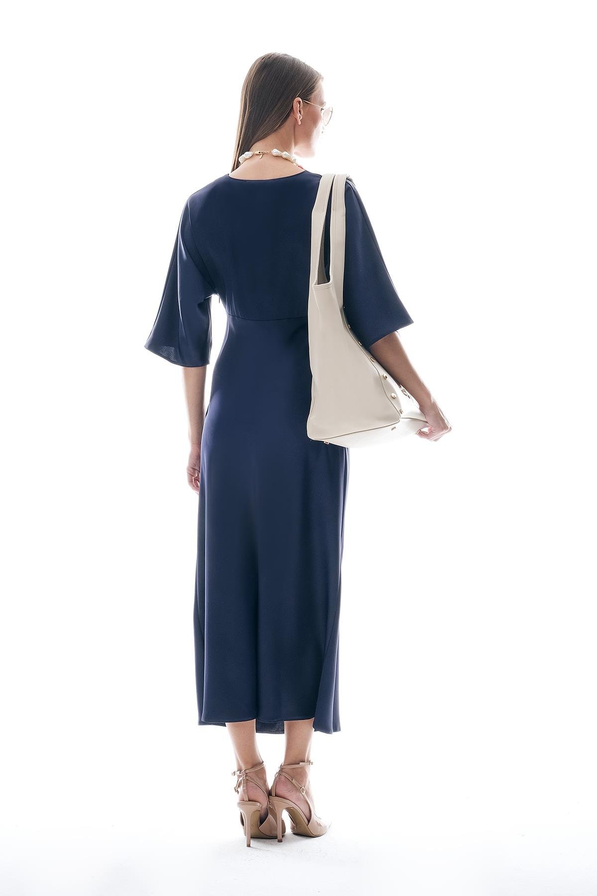 Saten Drapeli Midi Şık Elbise