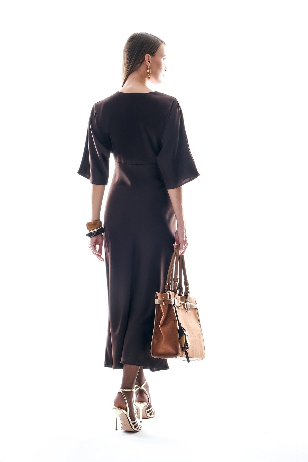 Saten Drapeli Midi Şık Elbise